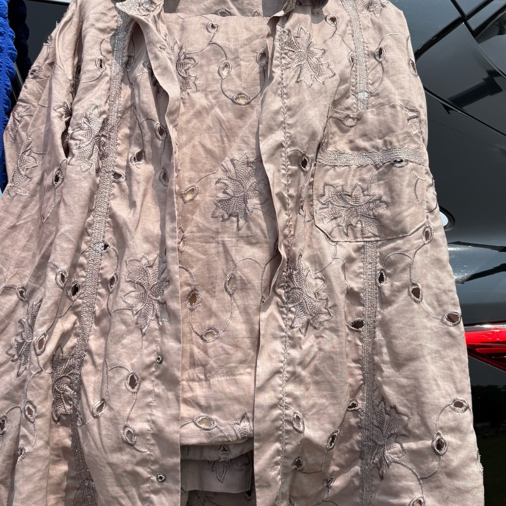 Embroidered Beige Button-Up Shirt